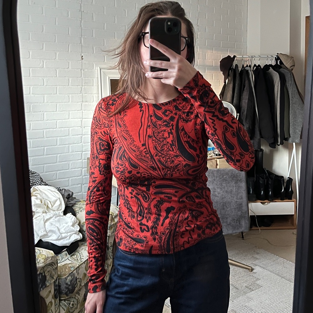Topshop Red Paisley Long Sleeve Top